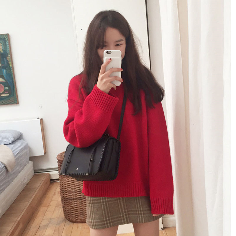 Christmas red pullover sweater women's spring and autumn 2022 new loose Korean version lazy natal year thickened sweater