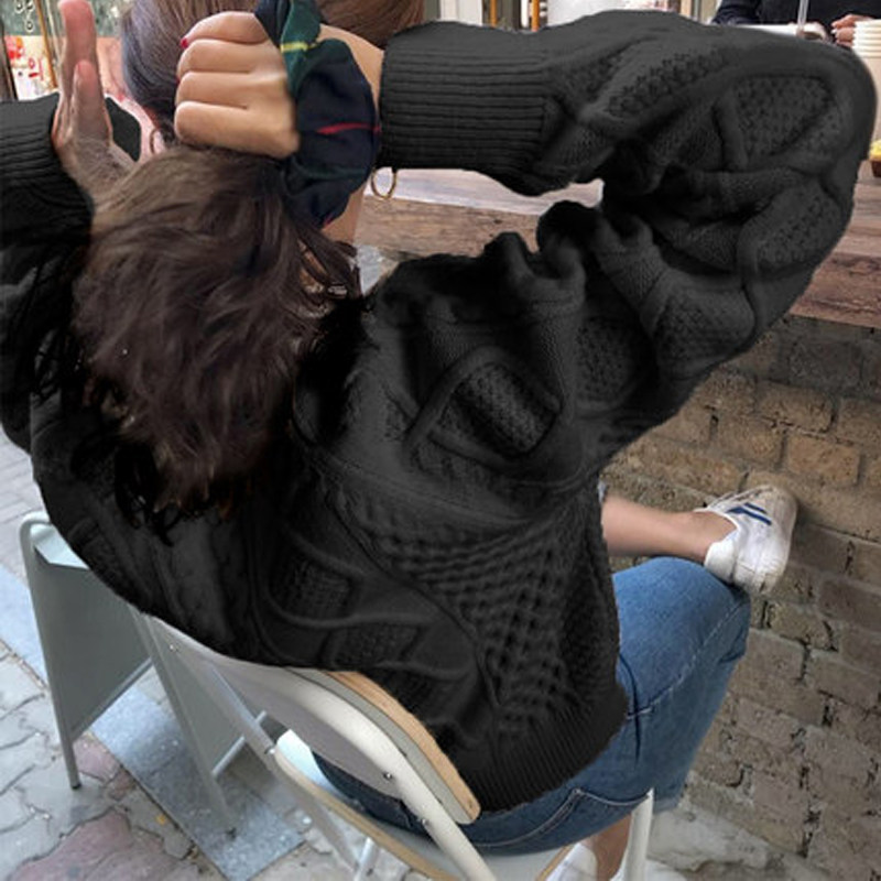 2022 autumn and winter models pullover round neck black sweater women's winter twist loose thickened retro wool lazy wind