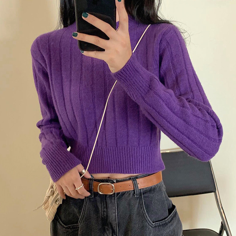 Short purple bottoming sweater women's 2022 spring and autumn outer wear new style foreign style pullover small student with navel and long sleeves