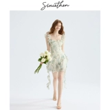 Зеленое платье-комбинация, мини-юбка, юбка, французский стиль, цветочный принт, изысканный стиль, квадратный вырез, подходит для подростков