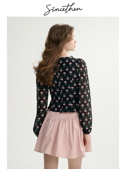 sincethen雪纺长袖v领碎花衬衫夏季小衫法式小短款掐腰春装上衣女