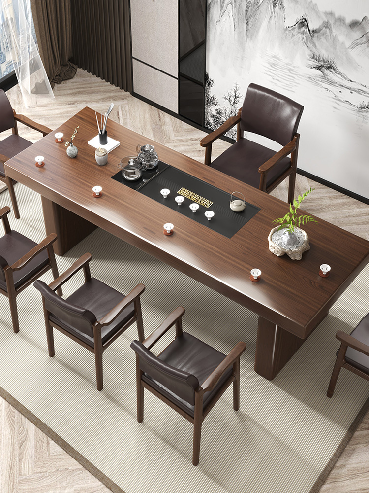 Modern all-solid wood tea table and chair combination new Chinese-style large board log simple tea table one-piece office tea table