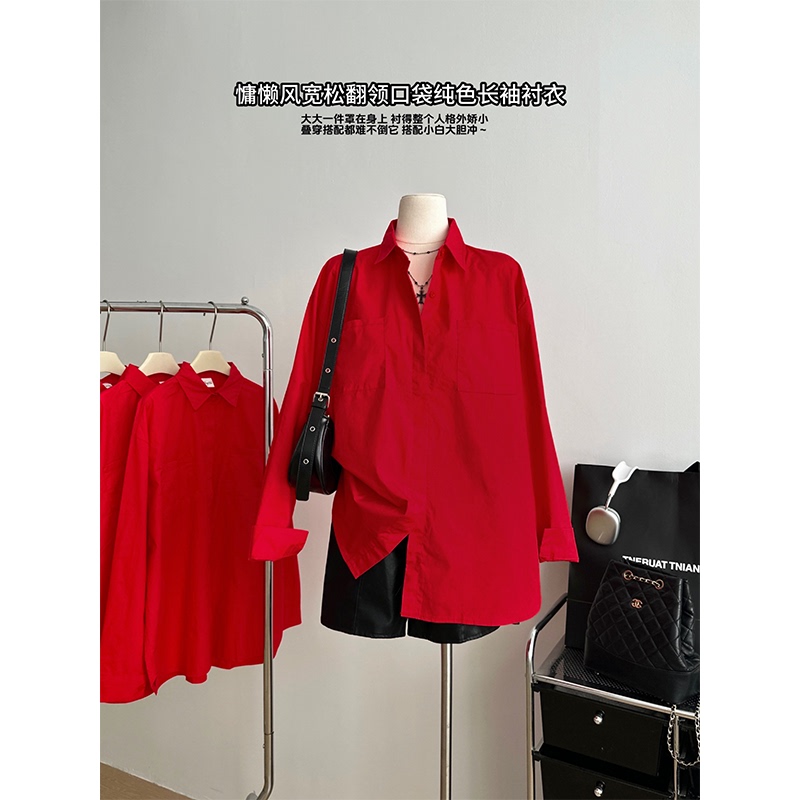 New Year's Red Fashionable Zodiac Red Shirt for Women, Autumn and Winter Casual Loose Comfortable Oversized Top Shirt