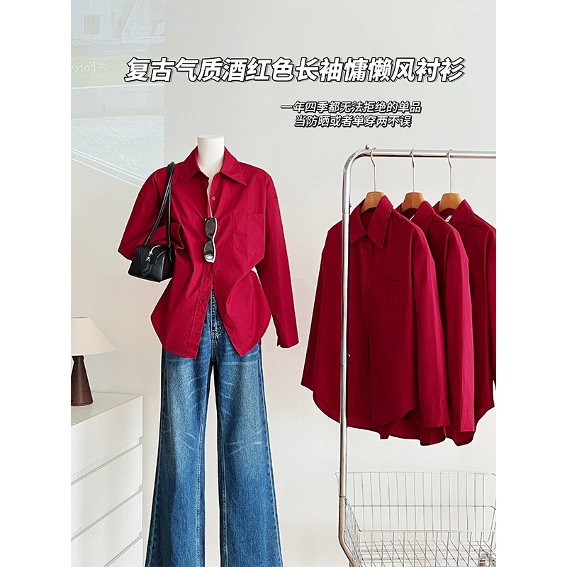 Retro Style Burgundy Long-Sleeved Shirt for Women, New Autumn and Winter Style, Loose, Lazy Style, Versatile Shirt Retro Style Burgundy Long-Sleeved Shirt for Women, New Autumn and Winter Style, Loose, Lazy Style, Versatile Shirt