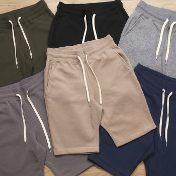 Emomo ພາກຮຽນ spring ແລະ summer ໃຫມ່ terry ບາງໆ unisex ຜູ້ຊາຍແລະແມ່ຍິງສີແຂງ elastic ແອວບໍລິສຸດຝ້າຍ sweatpants ສາມສ່ວນສີ່ສັ້ນກິລາບາດເຈັບແລະສັ້ນ