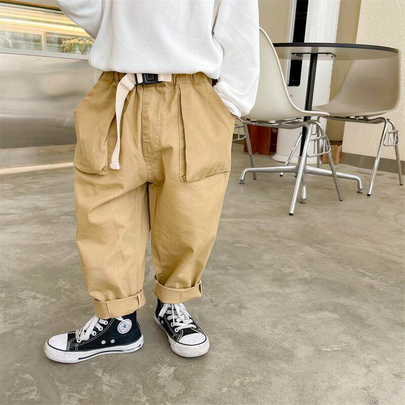 2021 spring and autumn Korean version of solid color trousers cotton trendy children's universal spot with belt pocket casual trousers
