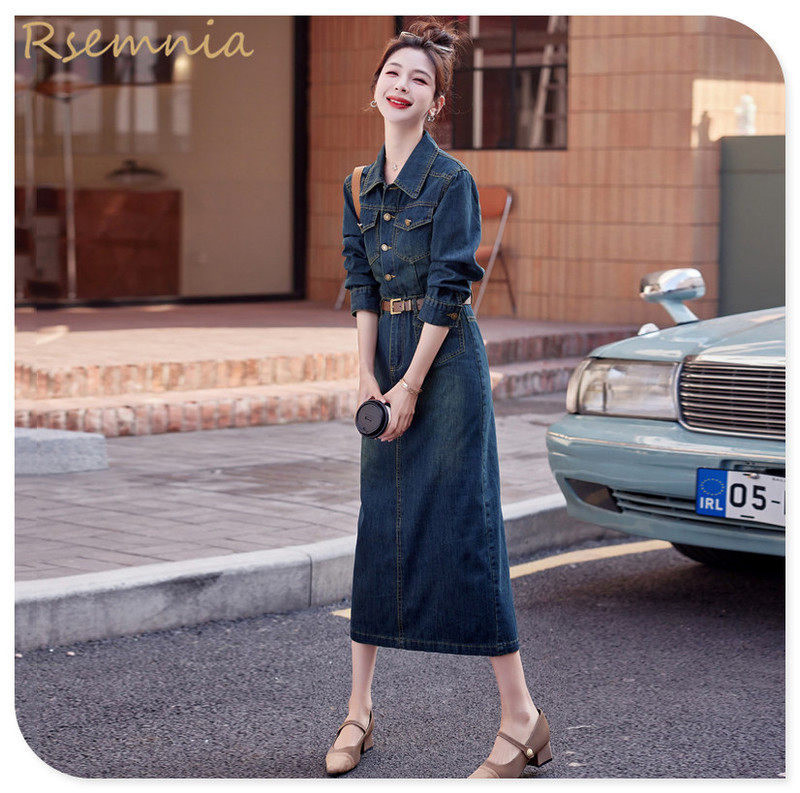 Rsemnia Long-Sleeved Washed Denim Dress for Women 2026 Spring and Autumn New Style Waist Slimming Mid-Length Shirt Dress