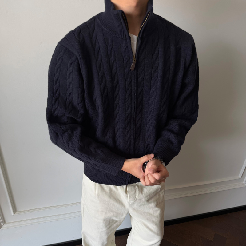 Tzg Navy Blue French Retro 3D Embossed Twist Zipper Sweater Jacket for Men and Women, Lazy Style Knitted Cardigan for Winter