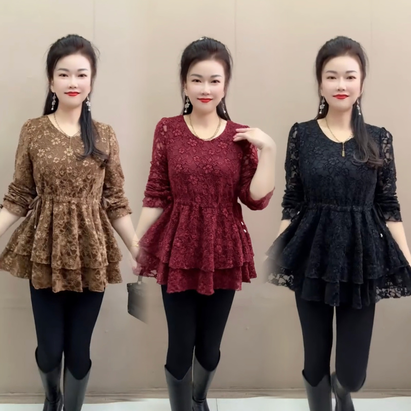 Lace Blouse for Women, 2025 Spring New Fashion, Loose Fit, Tummy-Covering, Slimming, V-Neck, Mid-Length, Elegant Base Layer Top