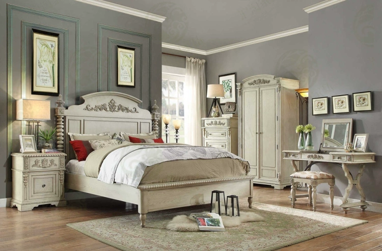 Giường đôi cũ chạm khắc bằng gỗ đặc của Mỹ Giường ngủ cũ màu trắng ngà Châu Âu mẫu phòng đầy đủ đồ nội thất phòng ngủ - Giường