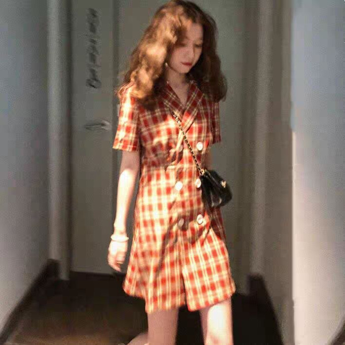 Wisdom Lavender Plaid small Elegant Wind Polo Dress 2021 Temperament Summer High Waist Display Slim Fairy Super Fairy short dress