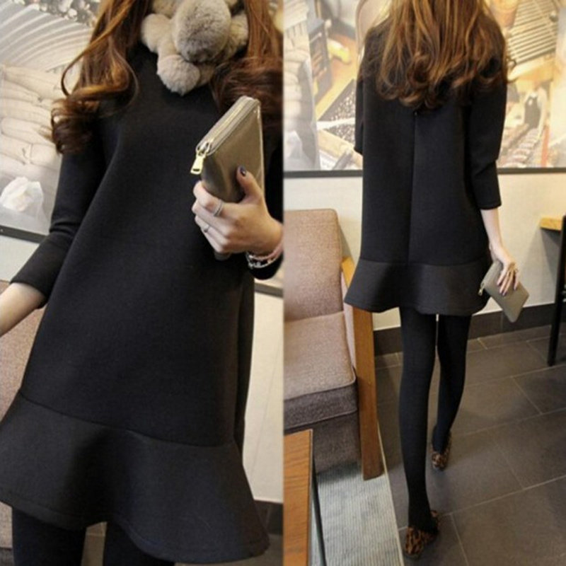 Temperament Round Collar Woman Dress Korean Version Long Sleeve Lotus Leaf Side Fish Tail Ocean Dress Black Spring Autumn Beating Bottom Space Cotton Pompon Skirt