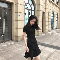 2020 Summer temperament Port Taste Heart Machine Lukewarm to Lazy Breeze Herben Small Black Dress to receive waist and body chic dress Children