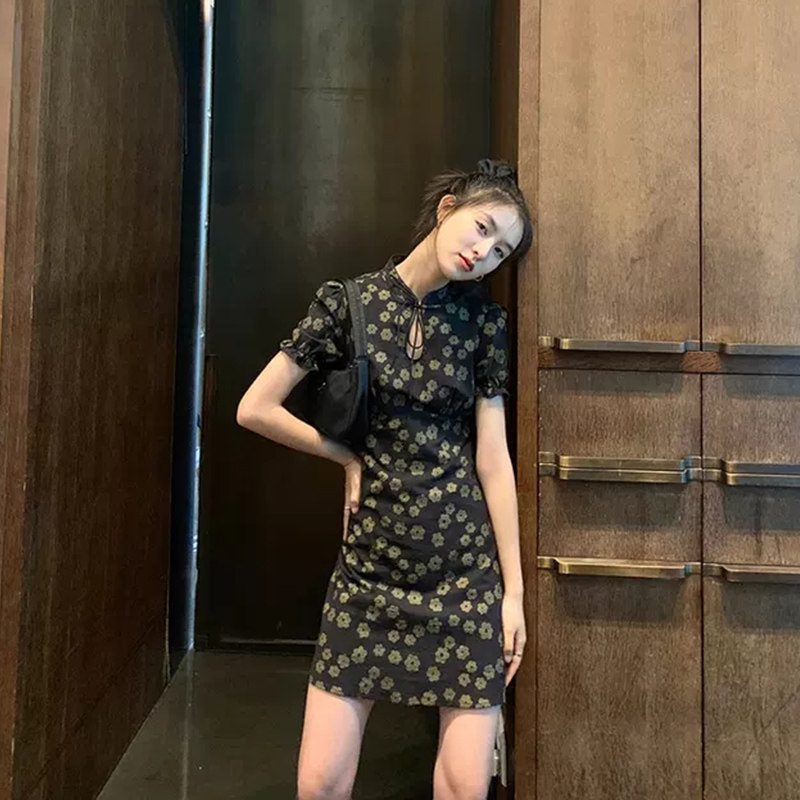 Beware Shirt Summer Temperament China Wind Improvement Qipao Goddess Manhood Fan Bubble Cuff Black Ocean Dress Woman