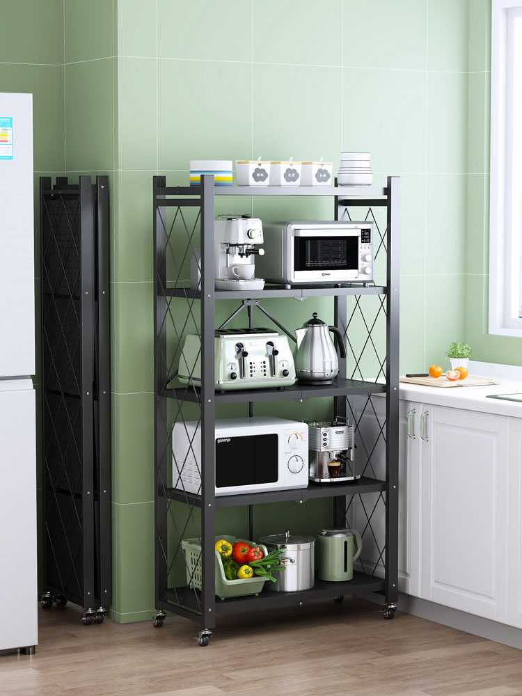 Folding kitchen utensils rack floor-standing multi-layer oven pot rack microwave oven storage storage rack installation-free - Taobao