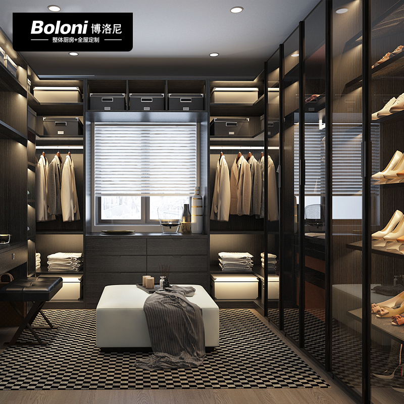 Bologni modern light luxury whole house overall wardrobe walk-in closet aluminum frame glass wardrobe set gold