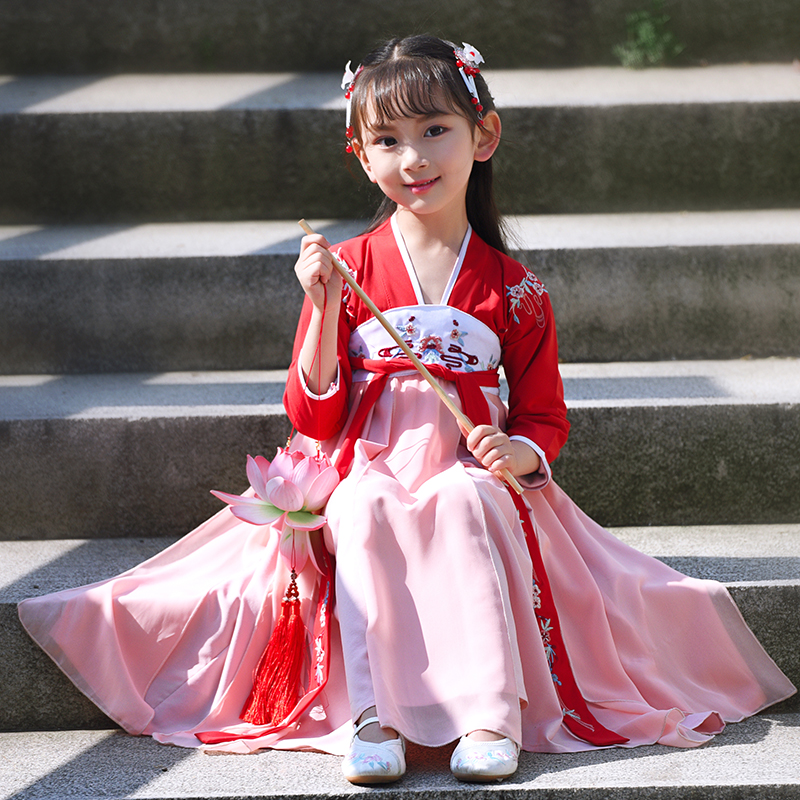 Children's girls Hanfu costume spring and autumn costume Chinese style red long sleeve dress Super fairy New Year's Day Chinese dance