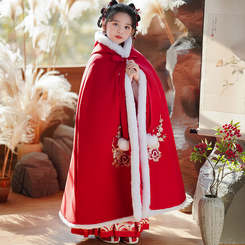 Girl's Han suit Beatty years to wear winter windproof plus suede thickened warm children red Chinese wind female treasure cloak-Taobao