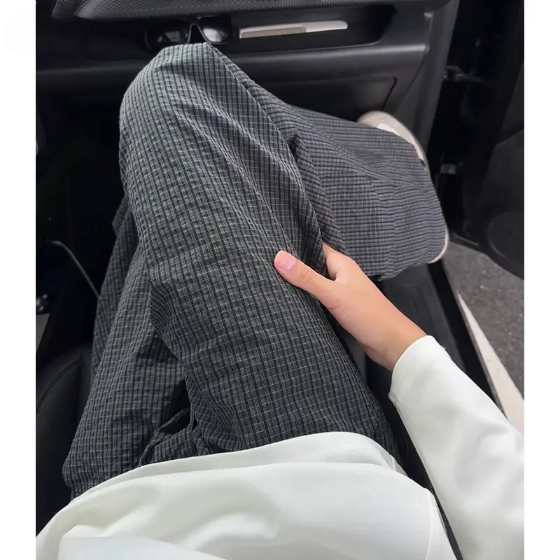 Black American-Style Bubble Gauze Pants for Men, Summer Lightweight Breathable Plaid Pants, High-End Vintage Scimitar Casual Pants