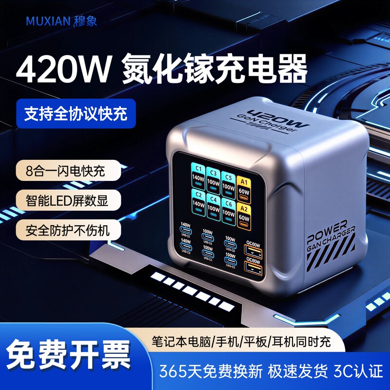 420W Gallium Nitride Multi-Port Usb-C Charger Supports Pd3.1 Full Protocol Fast Charging, Smart Digital Display Desktop Charging Station, Can Simultaneously Charge Laptops, Mobile Phones, Tablets, and Headphones, Power Strip
