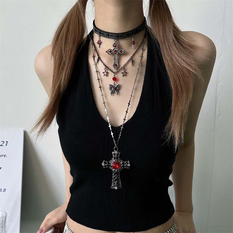 Gothic style Y2K multi-layered butterfly cross choker necklace for women, niche Shibuya style, sexy girl accessories.