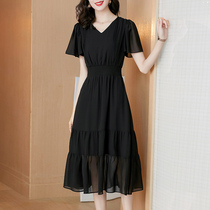 The French style snow spinning one-piece dress lady 2021 new summer medium long black display slim v lead Herbenwind Little Black Black Dress