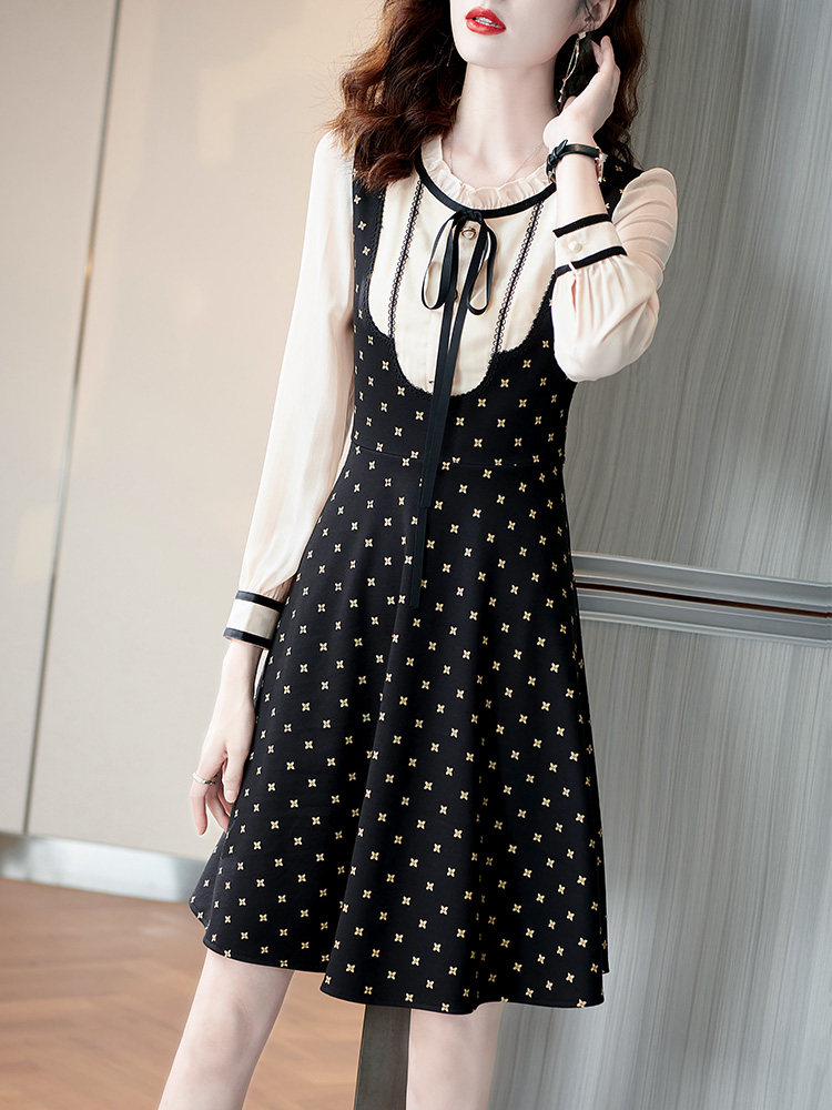 French dress women's 2022 autumn new high sense small man fake two pieces of temperament long sleeve printed skirt