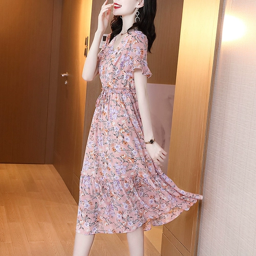 Шифоновое летнее платье, модная длинная юбка, в стиле Шанель, V-образный вырез, яркий броский стиль, средней длины