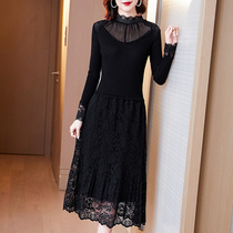 Black beating undershirt dress woman 2021 autumn and winter lace splicing knit in a long section of the body with a half-high collar skirt