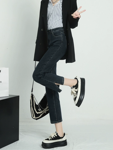 Флисовые джинсы с начесом, зимние штаны, свободный прямой крой, коллекция 2023, высокая талия