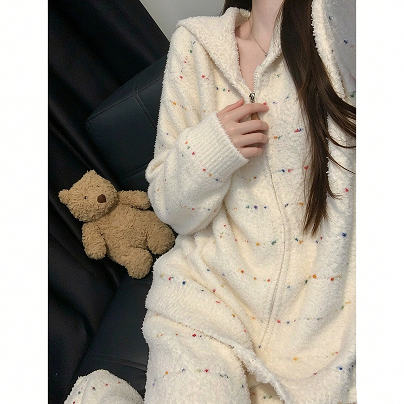 Korean-Style Gentle Girl Colorful Striped Hooded Half-Velvet Pajamas for Women, Autumn and Winter Thickened Soft Loungewear Set