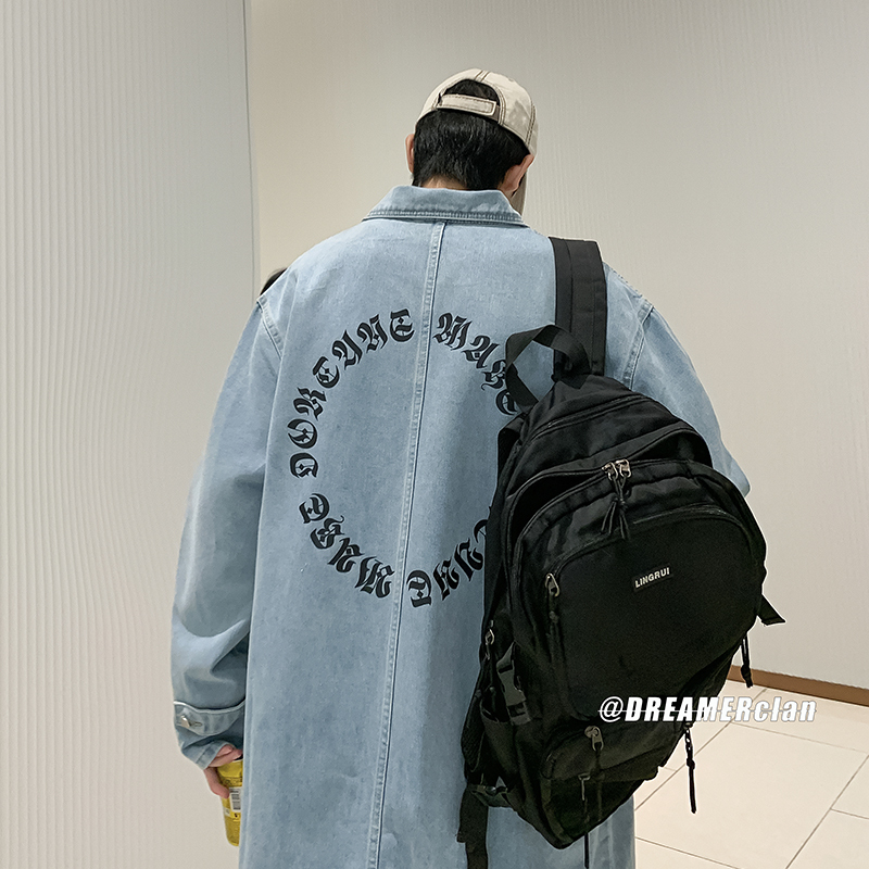 Balmakken Denim Trench Coat Men's Spring and Autumn Mid-Length Oversized Light Blue Jacket Plus Size Men's Outerwear