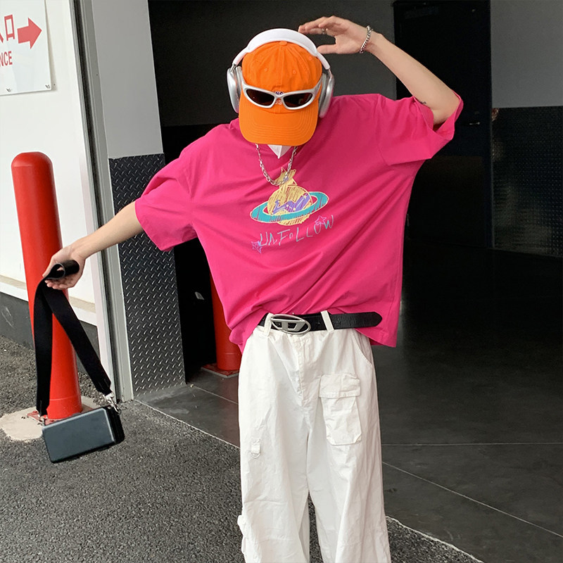 Rose Pink Cartoon Letter Print Short-Sleeved T-Shirt for Men Summer Dopamine Couple Half-Sleeved American Fashion Brand T-Shirt