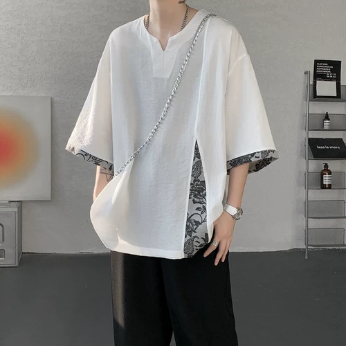 Летняя футболка, китайский стиль, размер, V-образный вырез, короткий рукав, из хлопка и льна