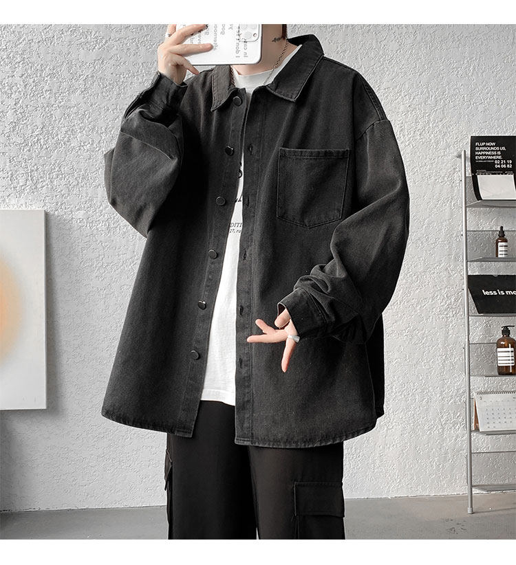 Мужская черная джинсовая осенняя демисезонная японская модная куртка, большая рубашка                