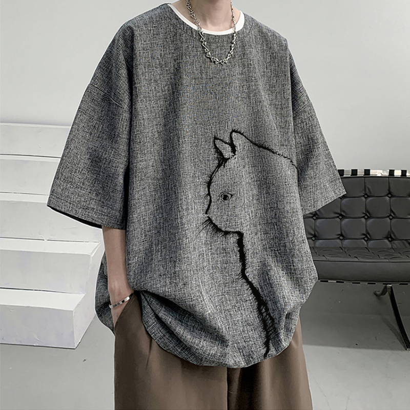 Ice Silk Linen Extended Version T-Shirt with Three-Quarter Sleeves, New Chinese Style National Trend Cotton and Linen Round Neck Short-Sleeve Men's Summer Layering T-Shirt