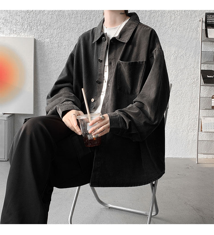 Мужская черная джинсовая осенняя демисезонная японская модная куртка, большая рубашка                