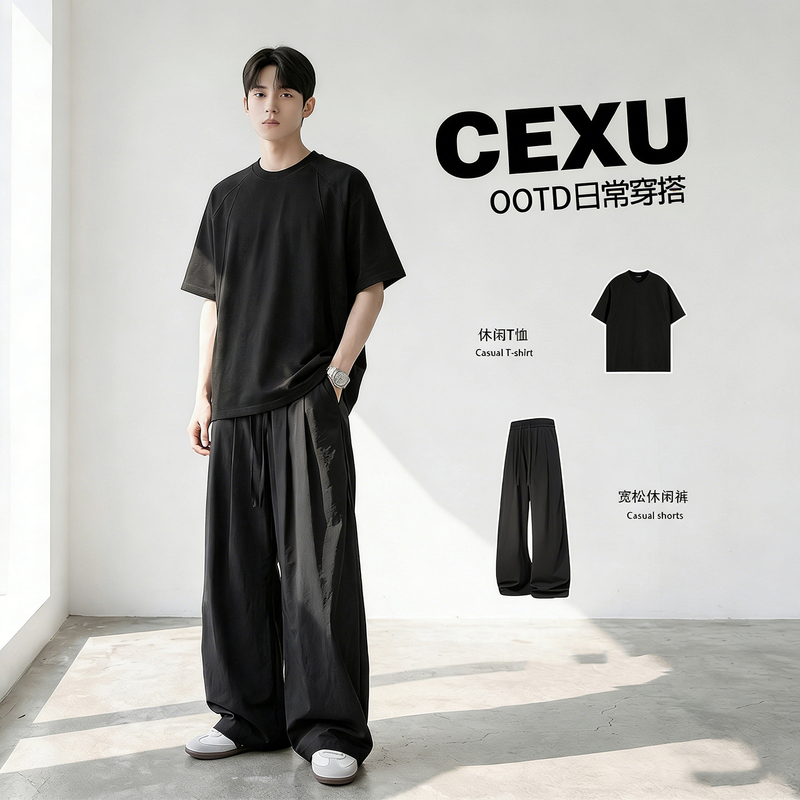 American-Style Heavyweight Short-Sleeve T-Shirt for Men, Summer Trendy Brand, Cool and Stylish High-End Outfit, Two-Piece Set with Ice Silk Pants