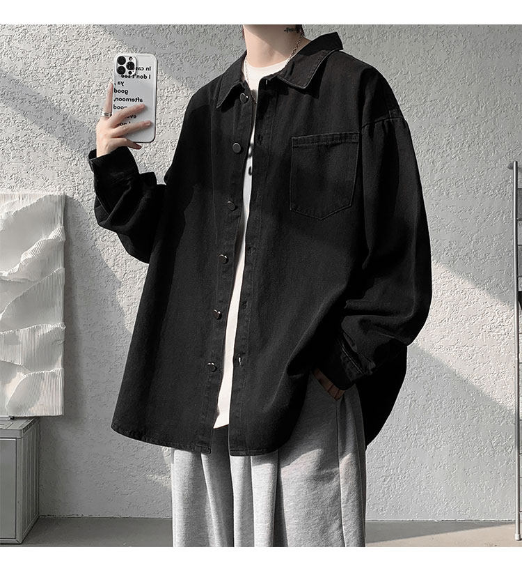Мужская черная джинсовая осенняя демисезонная японская модная куртка, большая рубашка                