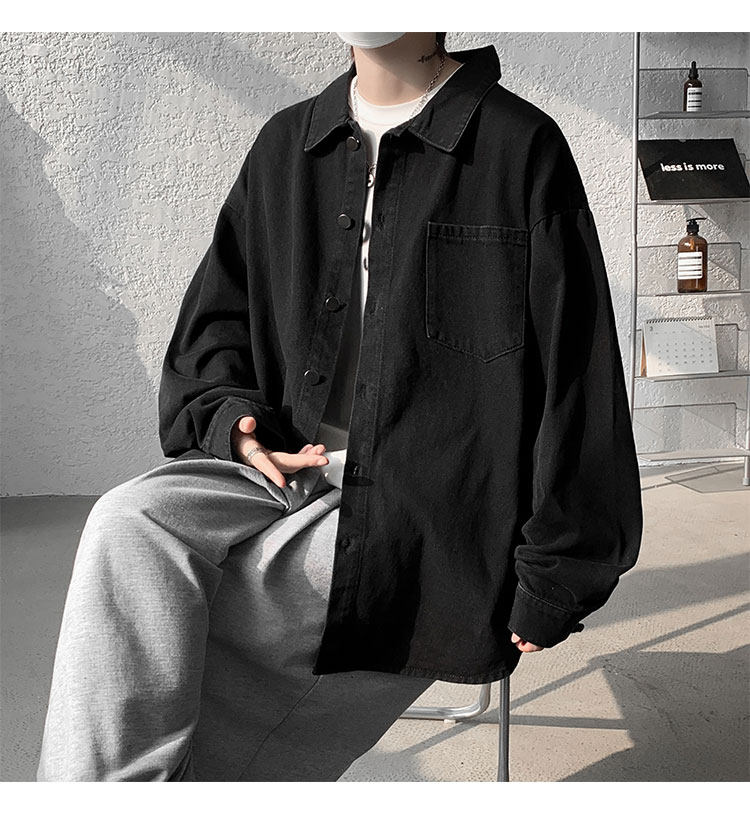 Мужская черная джинсовая осенняя демисезонная японская модная куртка, большая рубашка                