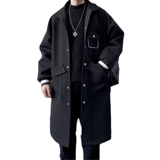 Kensington Windjacke für Herren, mittellang, Ins-Trend, High Street, Overknee, schwarzer Mantel, lockerer Hip-Hop-Mantel im Frühlings- und Herbststil