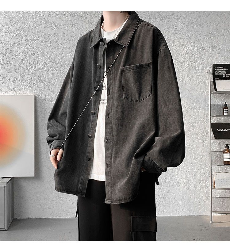 Мужская черная джинсовая осенняя демисезонная японская модная куртка, большая рубашка                