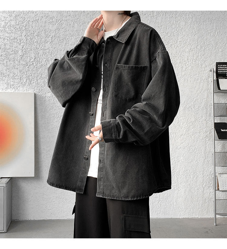 Мужская черная джинсовая осенняя демисезонная японская модная куртка, большая рубашка                