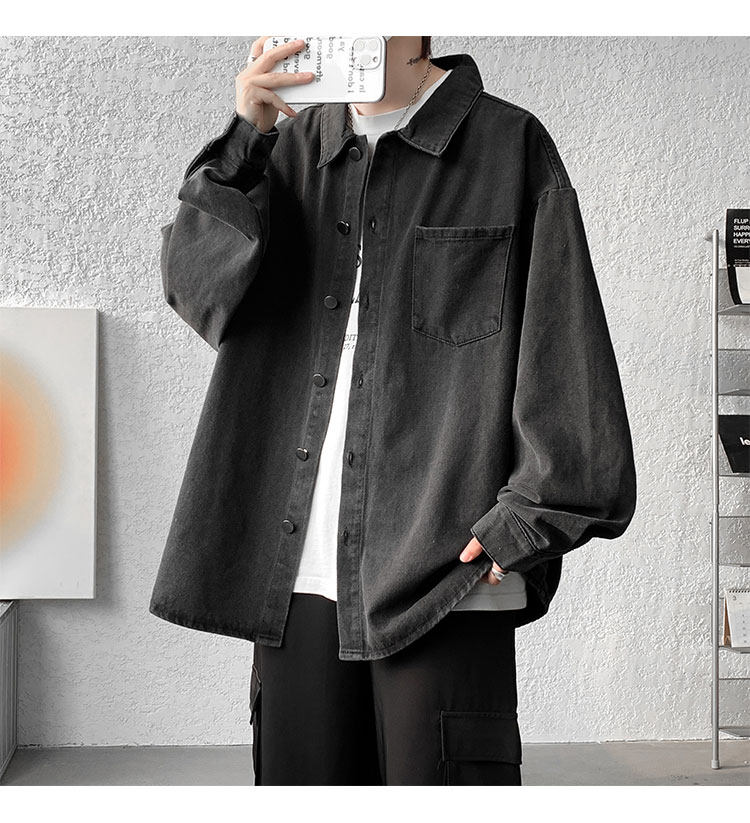 Мужская черная джинсовая осенняя демисезонная японская модная куртка, большая рубашка                
