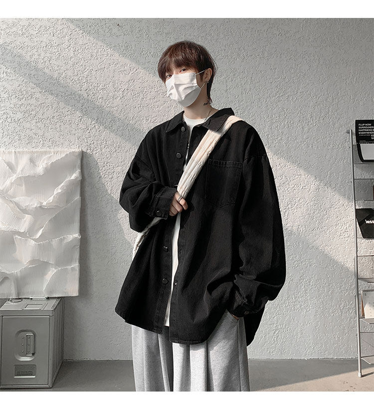 Мужская черная джинсовая осенняя демисезонная японская модная куртка, большая рубашка                