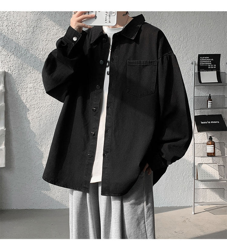 Мужская черная джинсовая осенняя демисезонная японская модная куртка, большая рубашка                