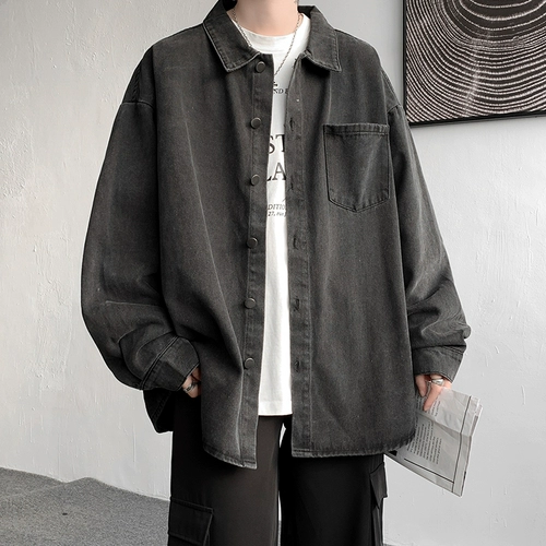 Черная джинсовая мужская осенняя японская куртка, очень большая рубашка для отдыха, большой размер