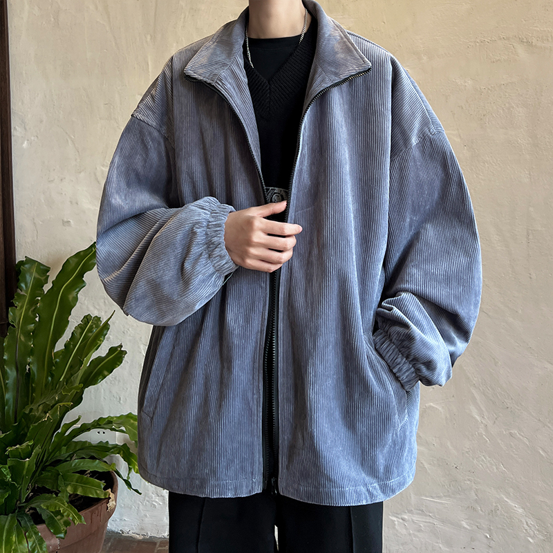 American Retro Stand-Collar Cardigan Jacket for Men, High-End Stylish Corduroy Jacket, Spring and Autumn Trendy Brand Oversized Baseball Jacket