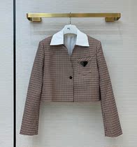 P home 2021 early spring new female super short Vichy check color white collar small coat Joker logo button