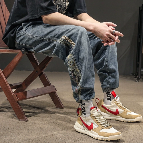 Осенние джинсы, ретро штаны, оверсайз, с вышивкой